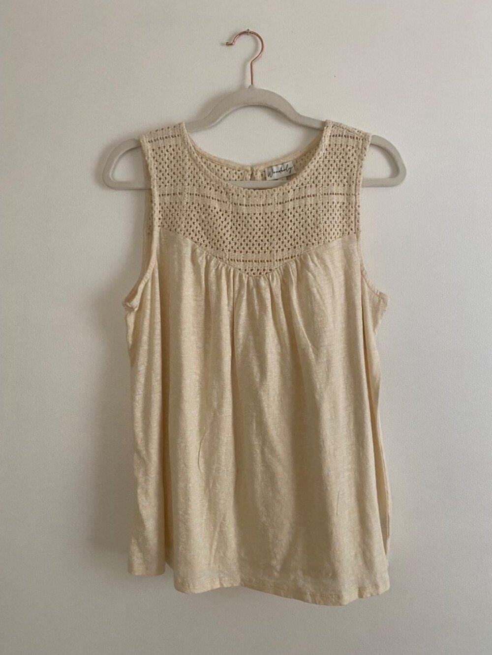 Wonderly Beige Sleeveless Top With Crochet Neckline 100% Cotton Women's S